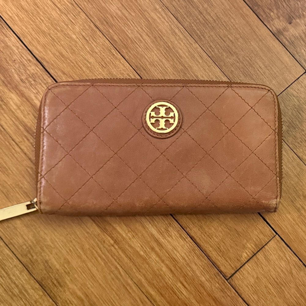 Tory Burch Brown Quilted Wallet with Gold Logo